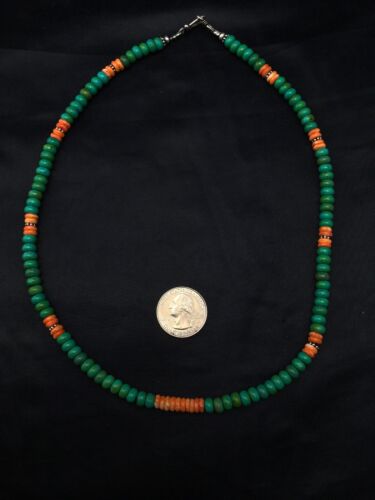 Navajo Green Turquoise & Spiny Oyster Necklace | Sterling Silver | 19" | Authentic Native American Handmade | 4488