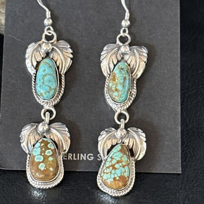 Navajo Blue #8 Turquoise Dangle Earrings | Sterling Silver | Authentic Native American Handmade | 14343