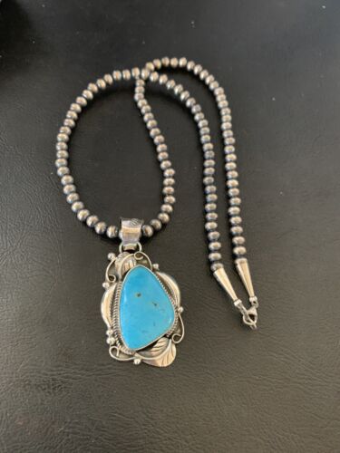 Men's Navajo Pearls Necklace with Blue Kingman Turquoise Pendant | Sterling Silver | Native American Handmade | 12590