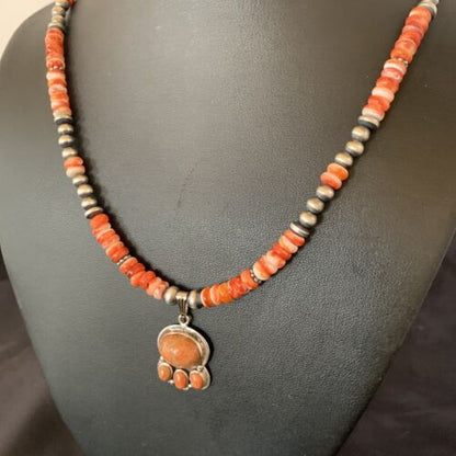 Navajo Pearl Necklace with Red Apple Coral, Spiny Oyster Pendant | Authentic Native American Sterling Silver | Multi-Stone | 12390