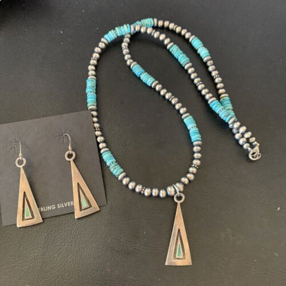Navajo Blue Turquoise Pendant Earrings Set | Authentic Native American Sterling Silver Necklace | Handmade | 12618 - Masha USA