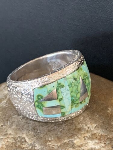 Navajo Green Sonoran Turquoise Inlay Ring | Sterling Silver | Sz 10 | Authentic Native American Handmade | 2080