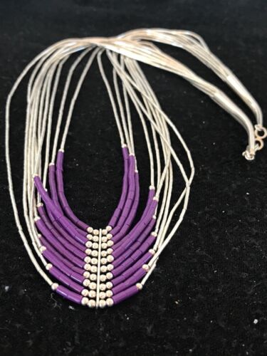 Native American Sugilite Heishi Tubes Necklace | 10 Strand Liquid Sterling Silver | 8558