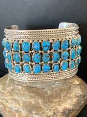 Sterling Silver Blue Kingman Turquoise Cuff Bracelet | 3 Row Stone | Authentic Native American Handmade | 12167