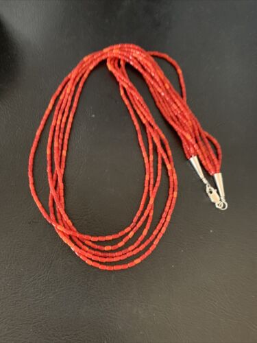 Natural Red Coral Rice Heishi Beads Necklace | 5 Strand | Sterling Silver | 20" | 12927