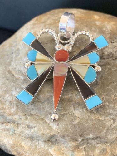 Zuni Turquoise Spiny Oyster Mother of Pearl Butterfly Necklace Pin Pendant | Inlay | Sterling Silver | 1367