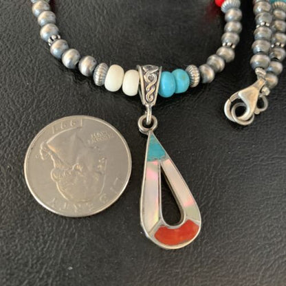 Navajo Pearls Wild Horse Turquoise Necklace Inlay Pendant | Sterling Silver | Authentic Native American Handmade | 13885