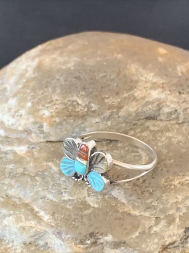 Navajo Blue Turquoise Butterfly Ring | Authentic Native American Sterling Silver | Multi-Stone | Sz 7.5 | 10785