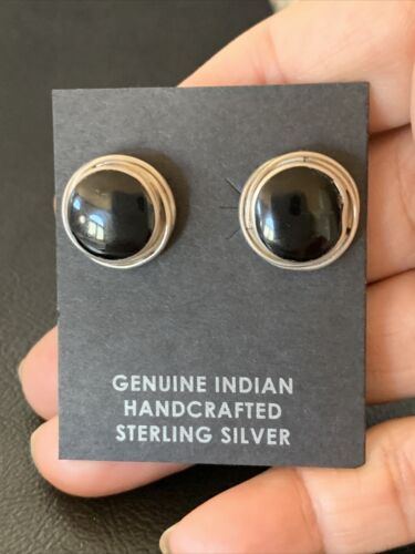 Navajo Black Onyx Stud Post Earrings | Sterling Silver | 0.5" | Authentic Native American Handmade | 12642