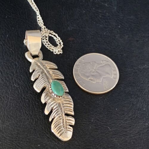 Navajo Green Turquoise Feather Pendant Necklace | Sterling Silver | 16" | Authentic Native American Handmade | 13685