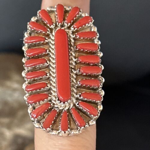 Navajo Red Coral Cluster Ring | Authentic Native American Sterling Silver | Multi-Stone | Sz 10 | 14572