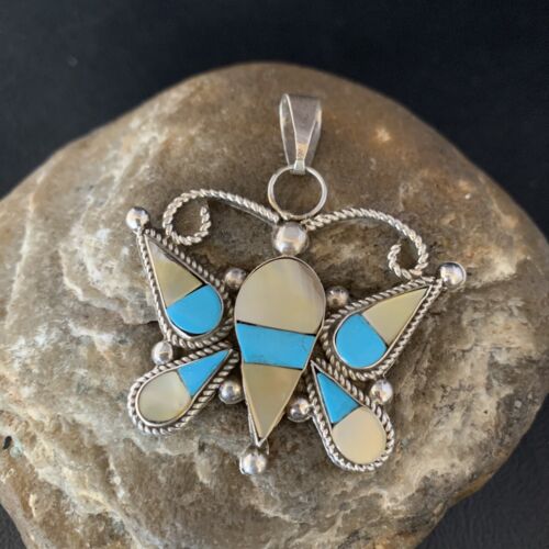 Zuni Butterfly Pendant Necklace | Turquoise & Yellow Mother of Pearl Inlay | Sterling Silver | 14208