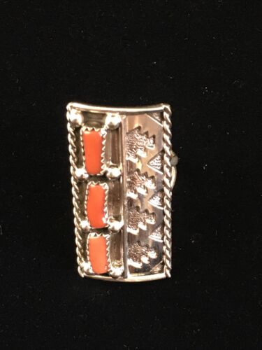 Navajo Red Coral Multi-Stone Ring | Authentic Native American Sterling Silver | Multi-Stone | Sz 7.5 | 10094