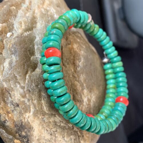 Navajo Coral Green Turquoise Bracelet | Stainless Steel Memory Wire | Authentic Native American Handmade | 13313