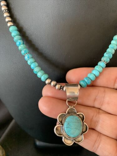 Navajo Blue Turquoise Pendant Necklace | Sterling Silver Pearls | Authentic Native American Handmade | 13216