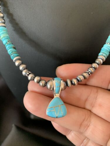 Navajo Pearl Necklace with Blue Turquoise Inlay Pendant | Sterling Silver | Authentic Native American Handmade | 12500