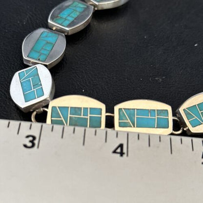 Men's Sterling Silver Navajo Turquoise Inlay Link Bracelet | 8.5" | Authentic Native American Handmade | 14659