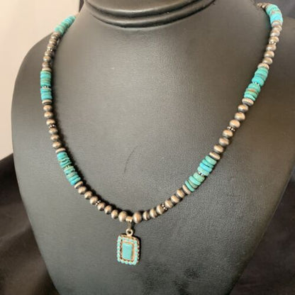 Navajo Blue Turquoise Cluster Pendant Necklace | Sterling Silver | 21" | Authentic Native American Handmade | 12578