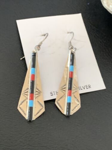 Navajo Multi-Color Turquoise Coral Lapis Inlay Earrings | Sterling Silver | 1.5" | 1710