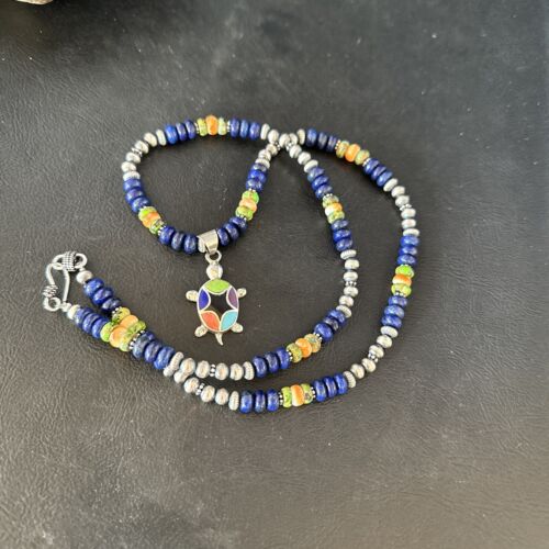 Navajo Green Turquoise and Lapis Inlay Pendant Necklace | Sterling Silver | Authentic Native American Handmade | 14616
