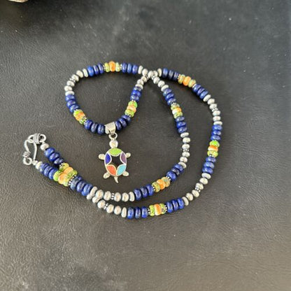 Navajo Green Turquoise and Lapis Inlay Pendant Necklace | Sterling Silver | Authentic Native American Handmade | 14616