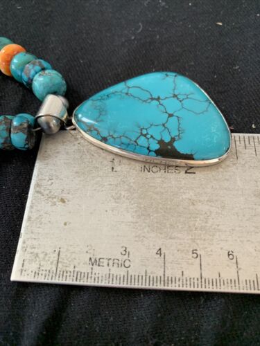 Navajo Pearls Spiderweb Spiny Oyster Turquoise Necklace Pendant | Sterling Silver | Southwestern Native American | 00833