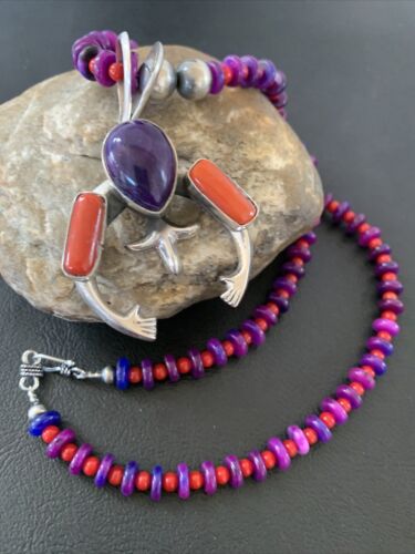 Navajo Sterling Silver Necklace with Purple Sugilite and Red Coral Naja Pendant | Authentic Native American Handmade | 02150