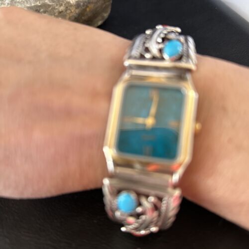 Authentic Navajo Men's Watch Tips Band | Turquoise Coral Feather | Sterling Silver | Native American Jewelry | 14312