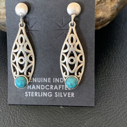 Navajo Blue Turquoise Dangle Post Earrings | Sterling Silver | 1" | Authentic Native American Handmade | 12759