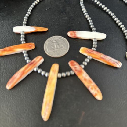Navajo Orange Spiny Oyster Stick Bead Necklace | Sterling Silver | 20" | Authentic Native American Handmade | 14320