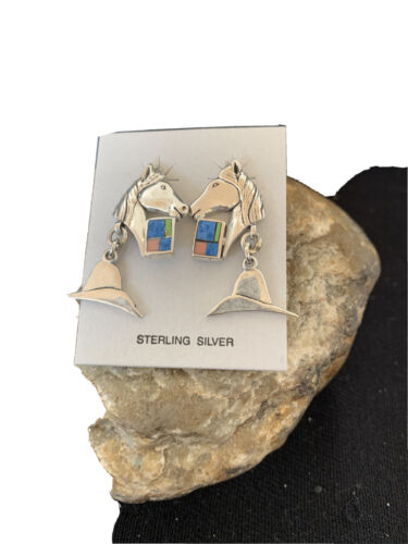 Native American Navajo Blue Lapis & Pink Opal Sterling Silver Horse Inlay Earrings 1" | 1513