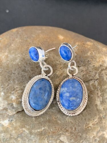 Navajo Denim Lapis Dangle Earrings | Sterling Silver | 1.1" | Authentic Native American Handmade | 1700