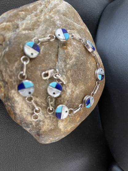 Navajo Blue Turquoise Lapis Inlay Link Bracelet | Sterling Silver | 8" | Authentic Native American Handmade | 1454