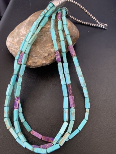 Navajo Blue Turquoise Jasper Bead Necklace | 3-Strand Sterling Silver | 24" | Authentic Native American Handmade | 12512
