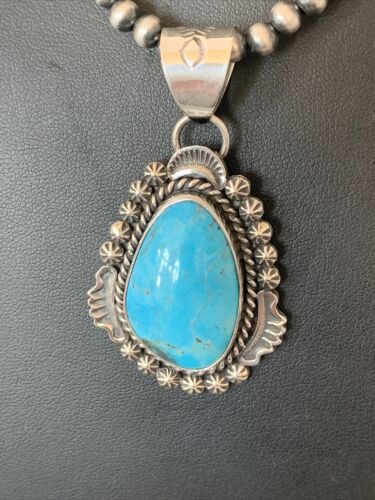 Men's Navajo Pearls Necklace | Sterling Silver Blue Kingman Turquoise Pendant | Native American Handmade | 793