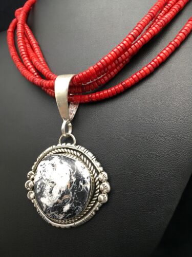 Navajo White Buffalo Turquoise Pendant with Coral | 4-Strand Silver Necklace | Authentic Native American Handmade | 3848