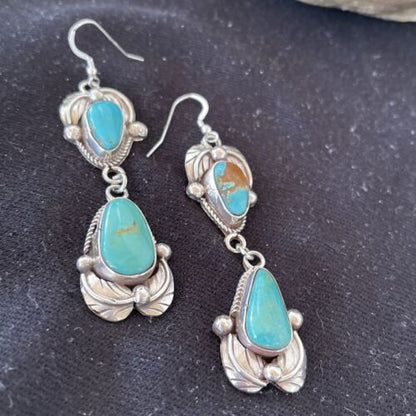 Navajo Royston Turquoise Dangle Earrings | Sterling Silver | Authentic Native American Handmade | 1166