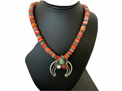 Navajo Pearls Sterling Silver Necklace | Red Spiny Oyster & Turquoise Naja Pendant | Authentic Native American Handmade