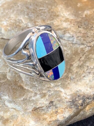 Navajo Turquoise, Lapis & Opal Inlay Ring | Sterling Silver | Sz 11.5 | Authentic Native American | 1487