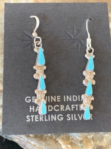 Zuni Handmade Kingman Turquoise Needle Point Dangle Earrings | Sterling Silver | 13024