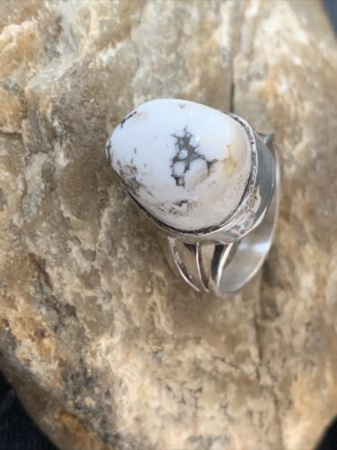 Navajo White Buffalo Turquoise Ring | Sterling Silver | Sz 9.5 | Authentic Native American Handmade | 1445