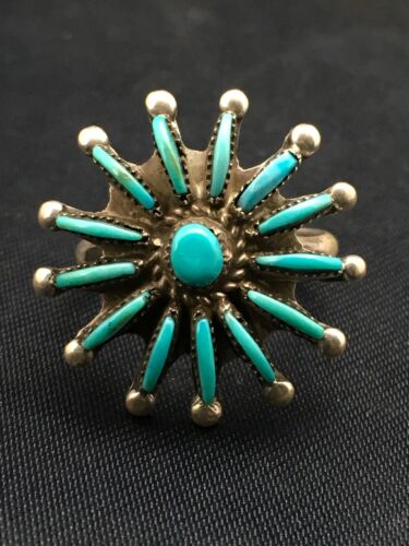 Zuni Blue Turquoise Needle Point Cluster Ring | Authentic Native American Sterling Silver | Multi-Stone | Sz 7.25 | 4035