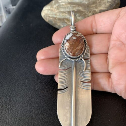 Men's Wild Horse Turquoise Feather Pendant | Navajo Sterling Silver | Authentic Native American Handmade | 13986
