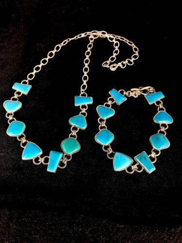 Navajo Sterling Silver Inlay Blue Turquoise Necklace & Bracelet Set | Old Pawn Jewelry | Authentic Native American Handmade | 8741