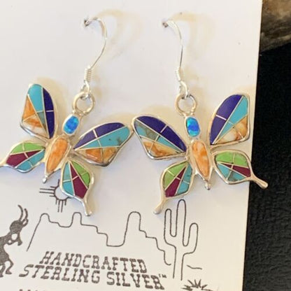 Navajo Butterfly Turquoise Spiny Opal Inlay Earrings | Sterling Silver | 0.5" | 12012