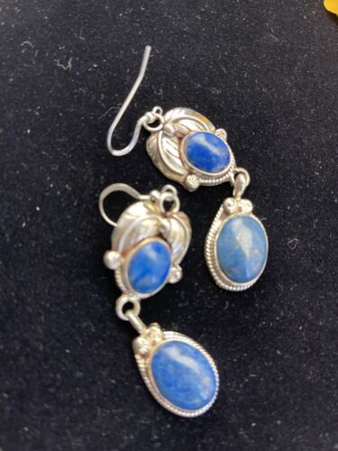 Native American Navajo Denim Lapis Dangle Earrings | Sterling Silver | 2" | 1792