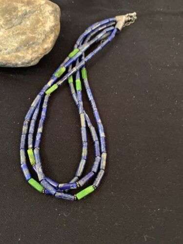 Men's Navajo Lapis Green Turquoise Necklace | 3 Strands Sterling Silver | 21" | Authentic Native American Handmade | 620