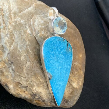 Navajo Blue Topaz Turquoise Pendant | Sterling Silver | 3" | Authentic Native American Handmade | 10709