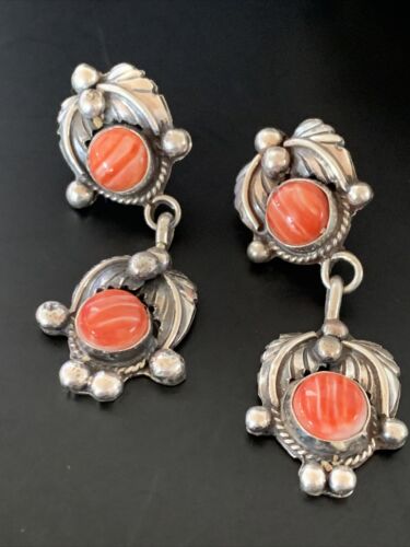 Navajo Red Spiny Oyster Dangle Earrings | Sterling Silver | Authentic Native American Handmade | 2063