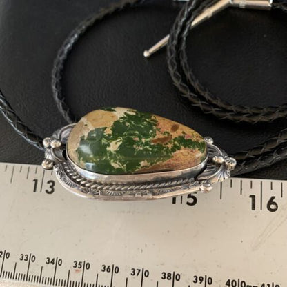 Navajo Green Royston Turquoise Bolo Tie | Sterling Silver | Authentic Native American Handmade | 14107